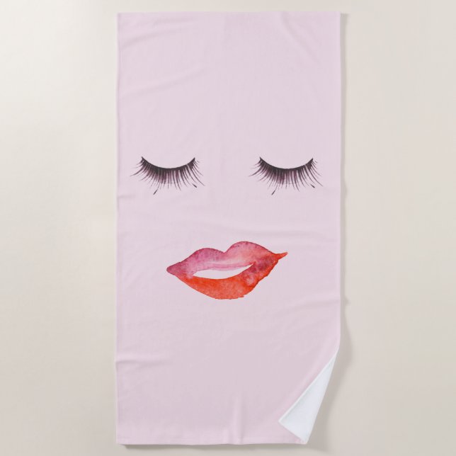 Watercolor Lips and Eyelashes Beach Towel (Front)