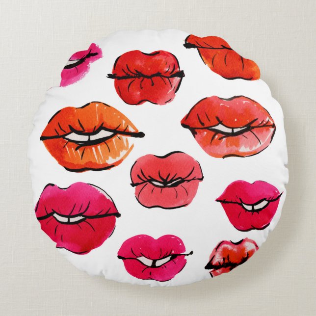 Watercolor lips pattern round cushion (Front)