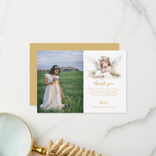 Watercolor Little Angle First Holy Communion Thank You Card (Front/Back In Situ)