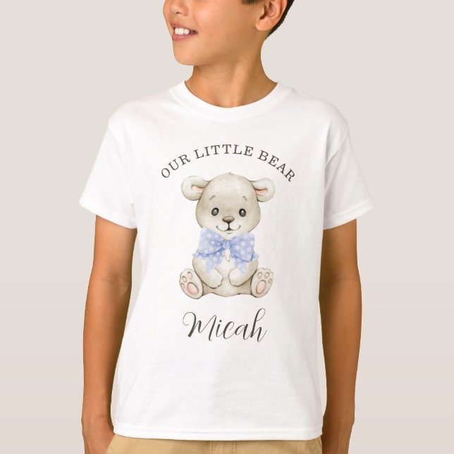 Watercolor Little Bear Blue Bow Matching Sibling T-Shirt (Front)