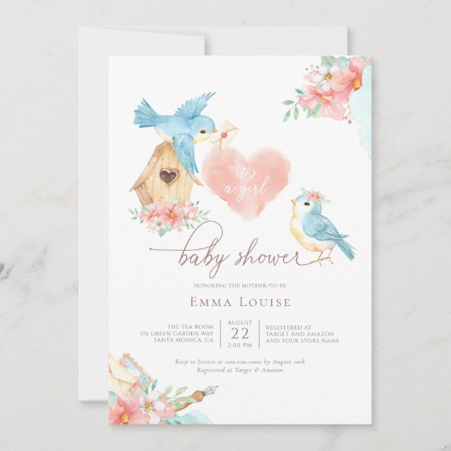 Watercolor Little Birds Girl Baby Shower Invitation (Front)