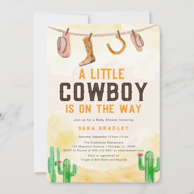 Watercolor Little Cowboy Western Baby Shower Invitation (Front)