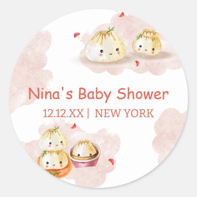 Watercolor Little Dumpling Mushroom Baby Shower  Classic Round Sticker (Front)