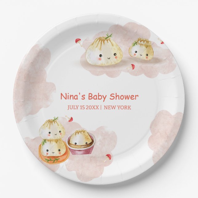 Watercolor Little Dumpling Mushroom Baby Shower  Paper Plate (Front)