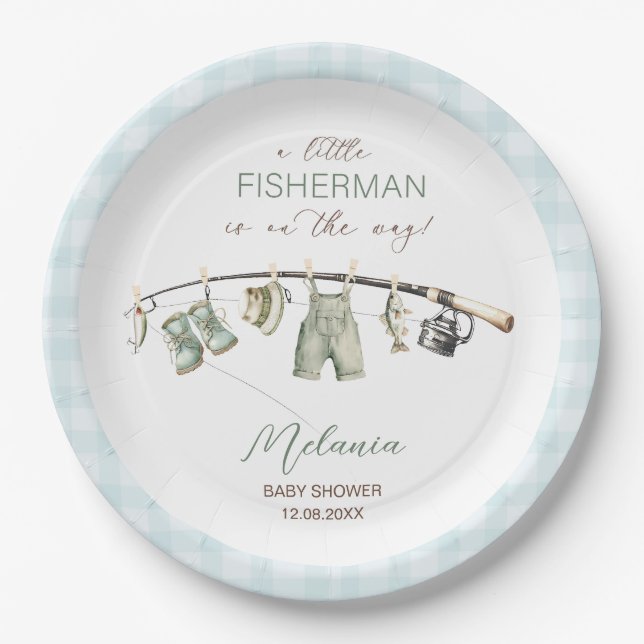    Watercolor Little Fisherman  baby shower Paper Plate (Front)