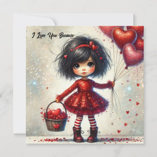 Watercolor little girl holding red glitter hearts holiday card (Front)
