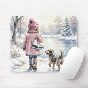 Watercolor Little Girl With Ice Skates and Dog Mouse Pad