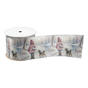 Watercolor Little Girl With Ice Skates and Dog Satin Ribbon