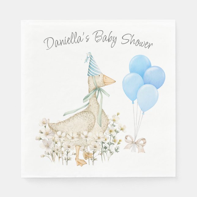 Watercolor Little Goose Wildflower Blue Balloons Napkin (Front)