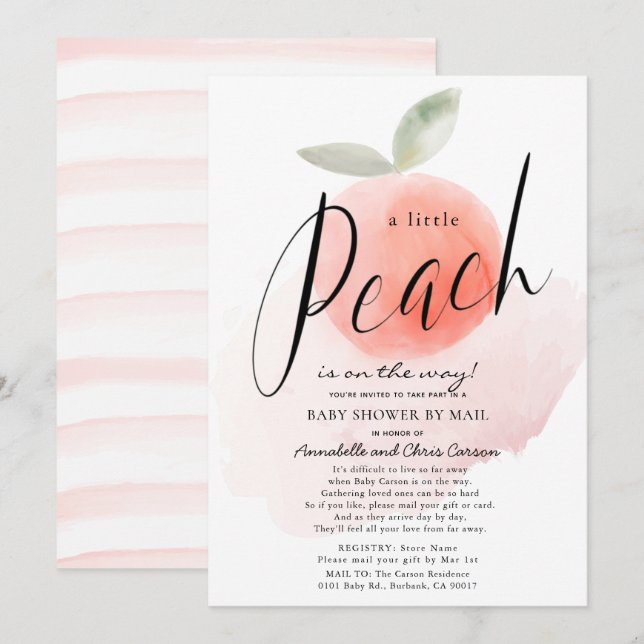 Watercolor Little Peach Pink Baby Shower by Mail Invitation (Front/Back)