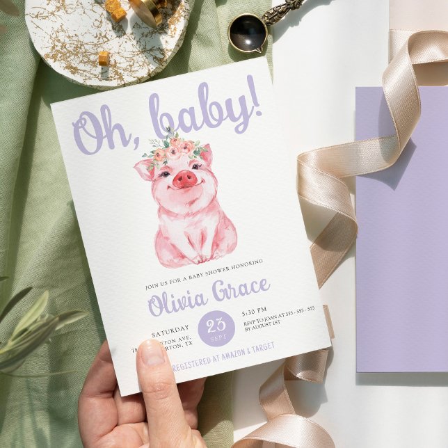 Watercolor Little Pig Baby Girl Baby Shower Invitation (Creator Uploaded)