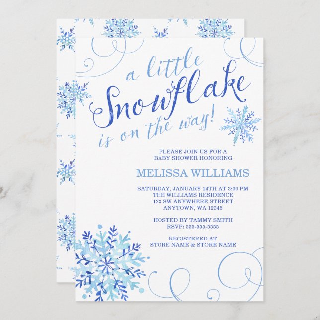 Watercolor Little Snowflake Boy Winter Baby Shower Invitation (Front/Back)