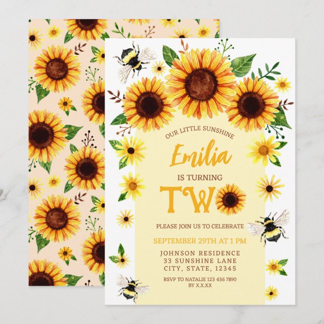 Watercolor Little Sunflower Girl's 2nd Birthday  Invitation (Front/Back)