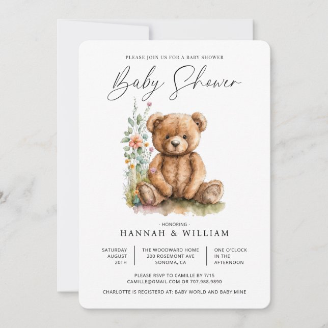 Watercolor Little Teddy Bear Flowers Baby Shower Invitation (Front)