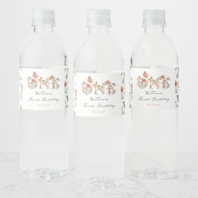Watercolor Little Wildflower 1st Birthday Favours Water Bottle Label (Bottles)
