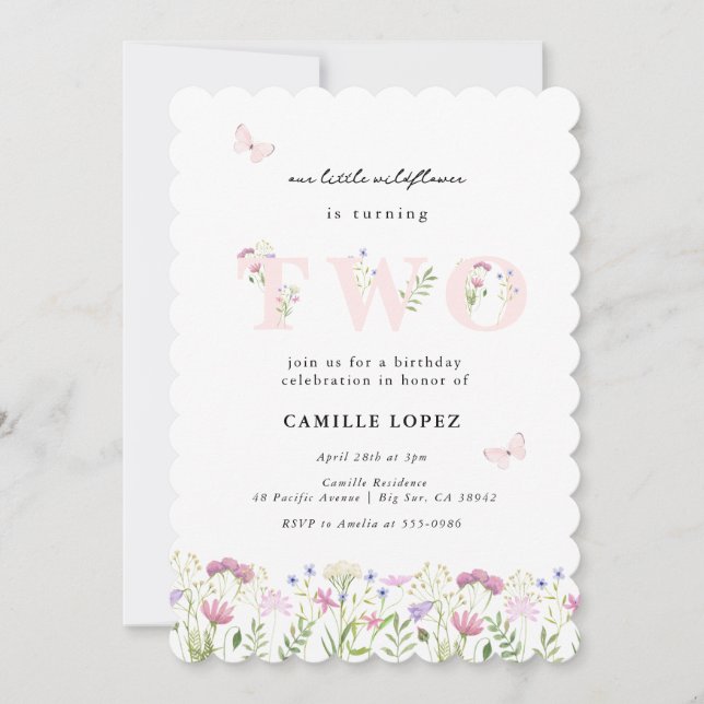 Watercolor Little Wildflower 2nd Birthday  Invitation (Front)