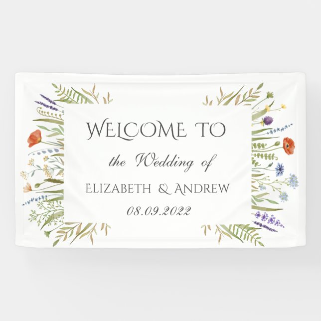 Watercolor Little Wildflower Meadow Frame Wedding  Banner (Horizontal)