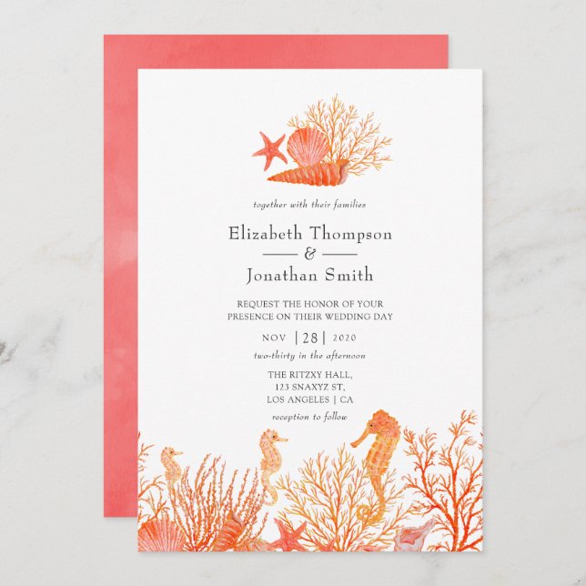 Watercolor Living Coral Beach Wedding Invitation (Front/Back)