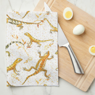 Watercolor Lizards Earth Tone Tea Towel
