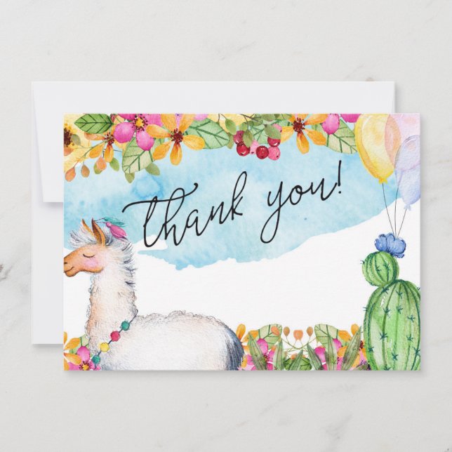 Watercolor Llama and Cactus Thank You Card (Front)