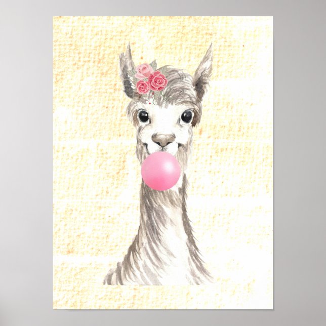 Watercolor Llama Blowing Bubble Textured Poster (Front)