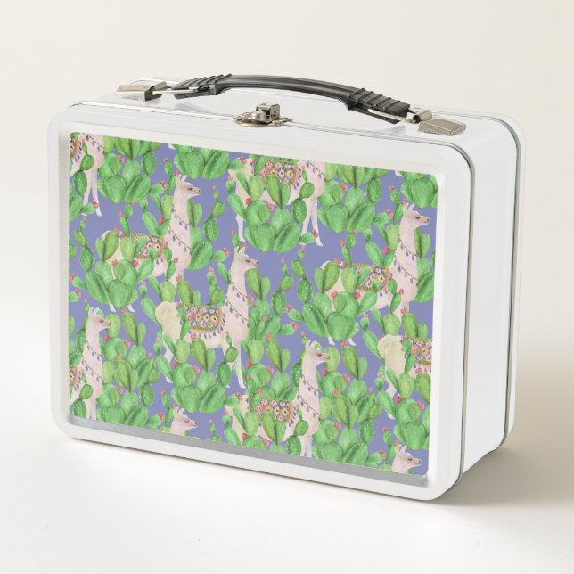 Watercolor Llama & Catus Pattern Metal Lunch Box (Front)