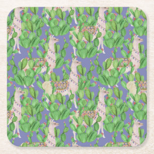Watercolor Llama & Catus Pattern Square Paper Coaster