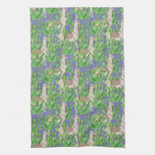 Watercolor Llama & Catus Pattern Tea Towel