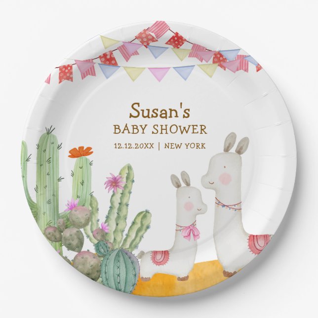 Watercolor Llama Desert Cactus Fiesta Baby Shower  Paper Plate (Front)