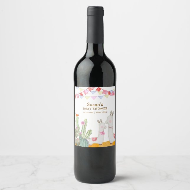 Watercolor Llama Desert Cactus Fiesta Baby Shower  Wine Label (Front)