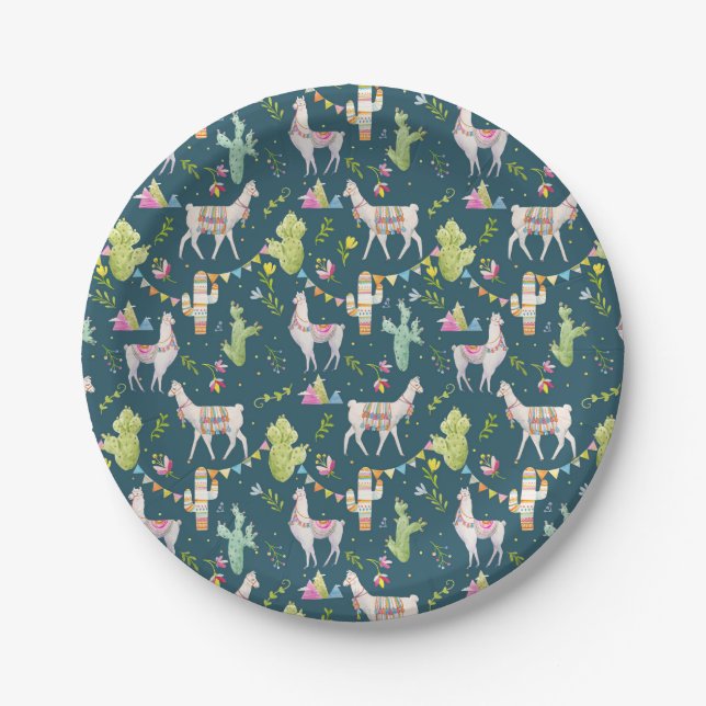 Watercolor Llama Flag Pattern Paper Plate (Front)