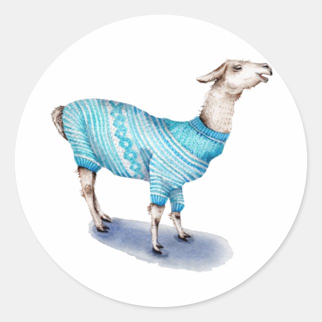 Watercolor Llama in Blue Sweater Classic Round Sticker (Front)