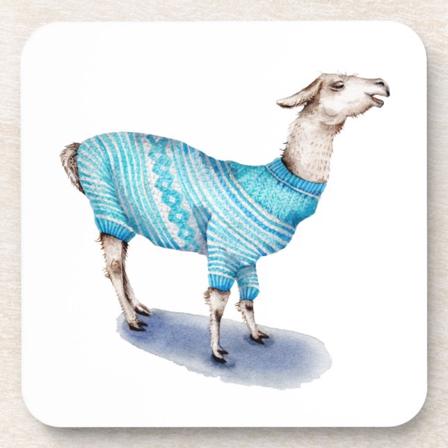 Watercolor Llama in Blue Sweater Coaster (Front)