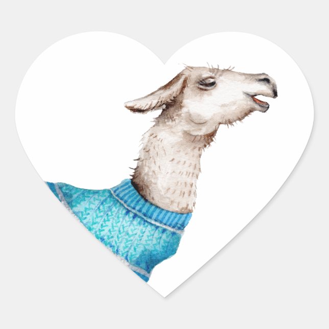 Watercolor Llama in Blue Sweater Heart Sticker (Front)
