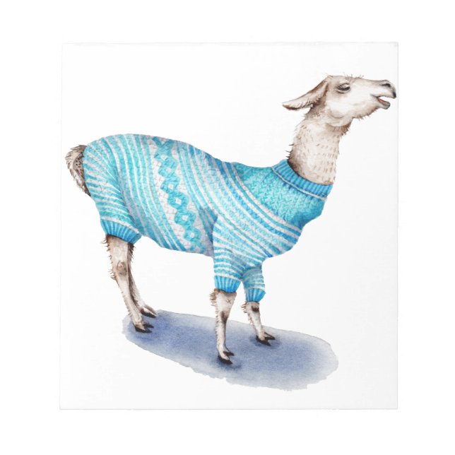 Watercolor Llama in Blue Sweater Notepad (Front)