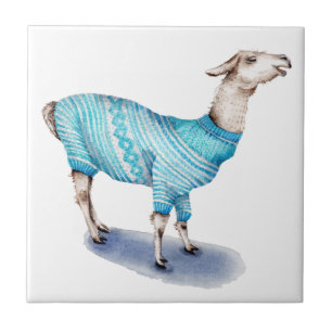 Watercolor Llama in Blue Sweater Tile