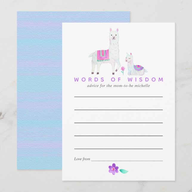 Watercolor Llama themed Baby Shower Mother Advice Invitation (Front/Back)