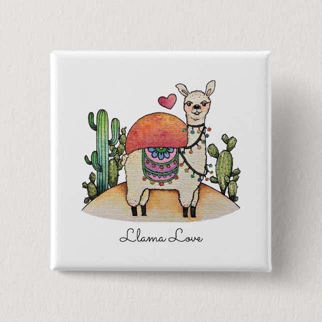 Watercolor Llama With Cactus 15 Cm Square Badge (Front)