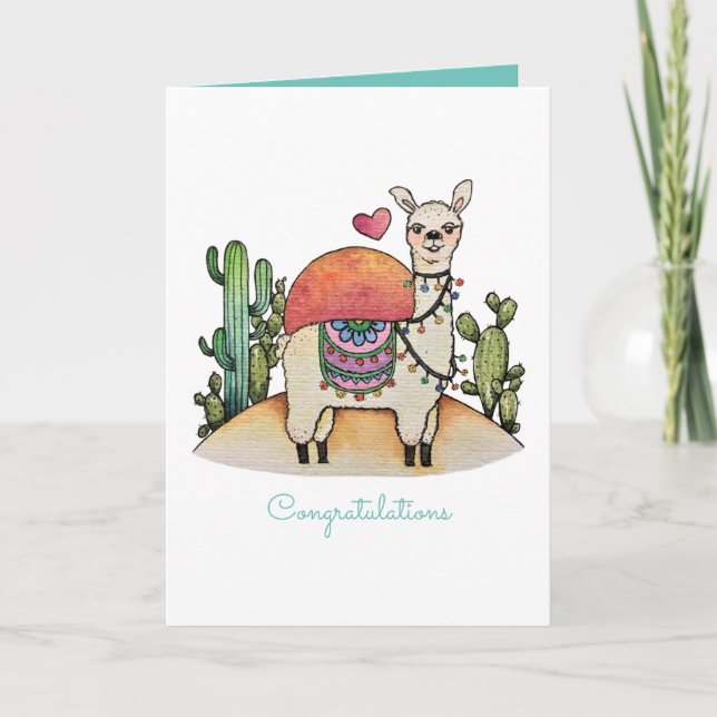 Watercolor Llama With Cactus Card (Front)