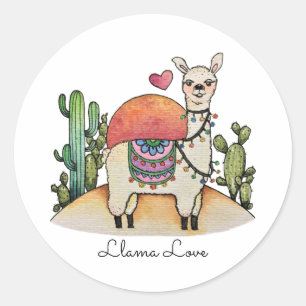 Watercolor Llama With Cactus Classic Round Sticker