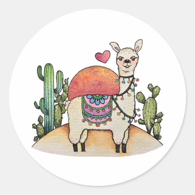 Watercolor Llama With Cactus Classic Round Sticker (Front)
