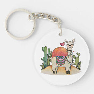 Watercolor Llama With Cactus Key Ring