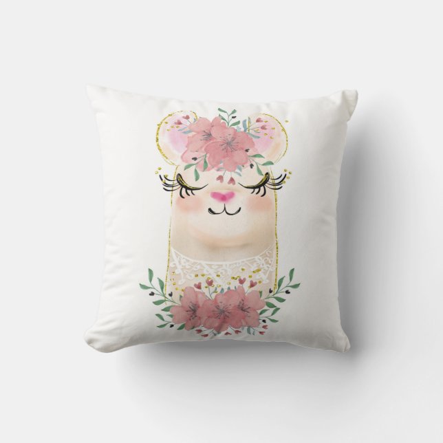 Watercolor Llama with Florals Throw Pillow (Front)