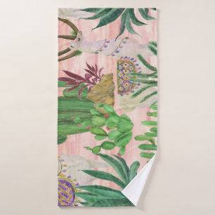 Watercolor llamas and cacti pattern. bath towel