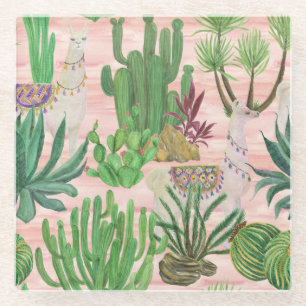 Watercolor llamas and cacti pattern. glass coaster