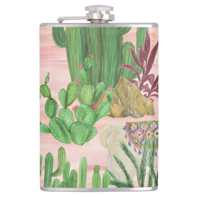 Watercolor llamas and cacti pattern. hip flask (Front)