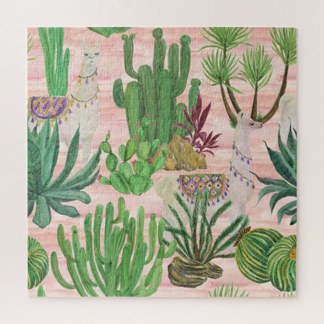 Watercolor llamas and cacti pattern. jigsaw puzzle (Vertical)