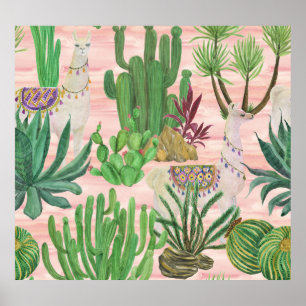 Watercolor llamas and cacti pattern. poster