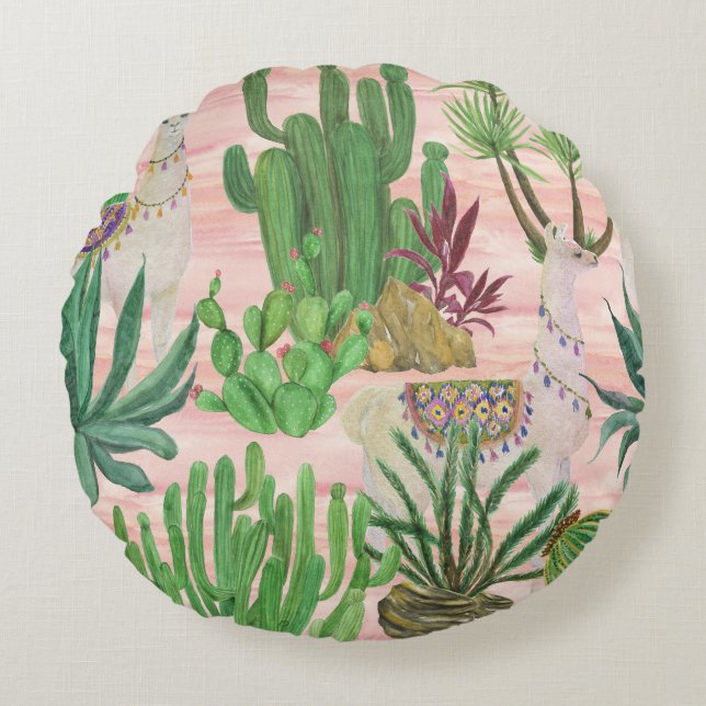 Watercolor llamas and cacti pattern. round cushion (Front)