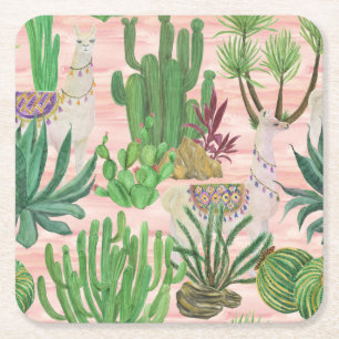 Watercolor llamas and cacti pattern. square paper coaster